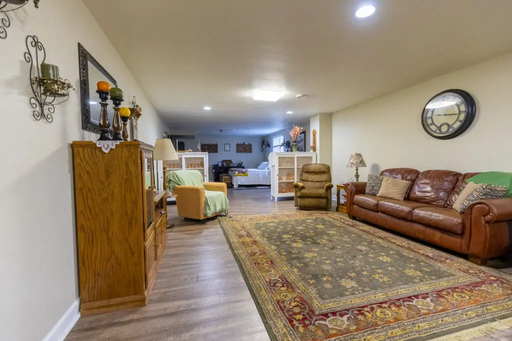 Fond du Lac basement guest suite with furniture, LVP flooring, and a decorative area rug